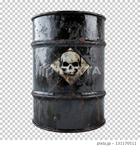 Rusty black barrel with skull symbol indicating hazardous materials for safety awareness 131170511