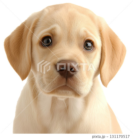 Cute yellow labrador puppy with big eyes looking curiously at the viewer 131170517