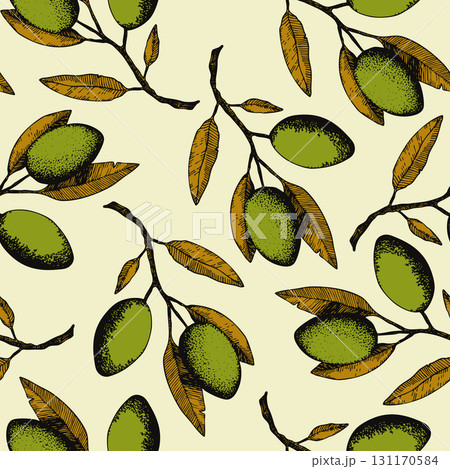 Seamless pattern with olive branch. Ink hand drawn olives background. Botanic plant vector illustration for print, fabric, textile. A sprig of an olive tree with leaves. Food concept 131170584