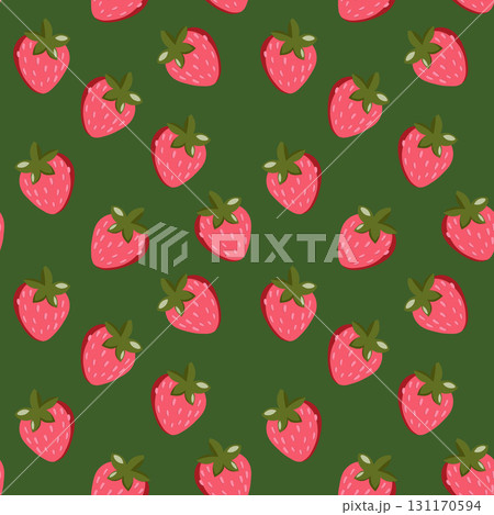 Seamless pattern with strawberry on color background. Natural delicious fresh ripe tasty fruit. Vector illustration for print, fabric, textile, banner, other design. Food concept 131170594