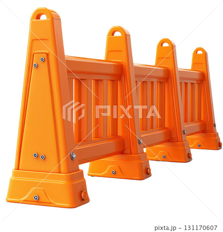 Plastic traffic barriers line a construction zone for safety and organization in urban settings 131170607