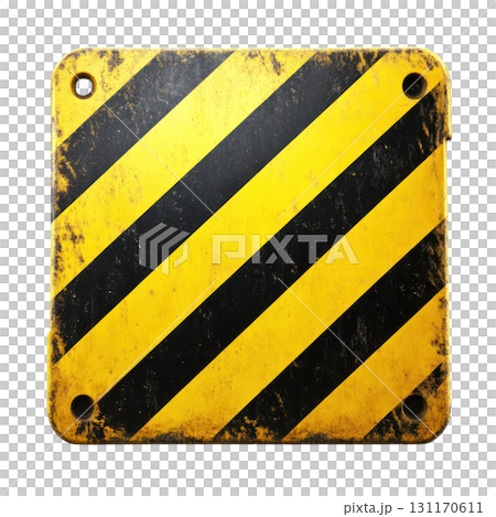 Warning sign with yellow and black diagonal stripes indicating caution in a construction area 131170611
