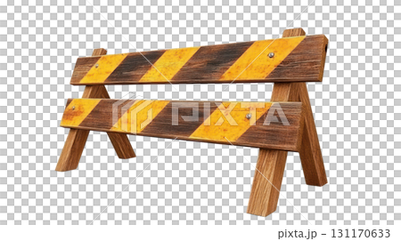Construction barrier with yellow and black stripes on a white background used for road safety and warning 131170633