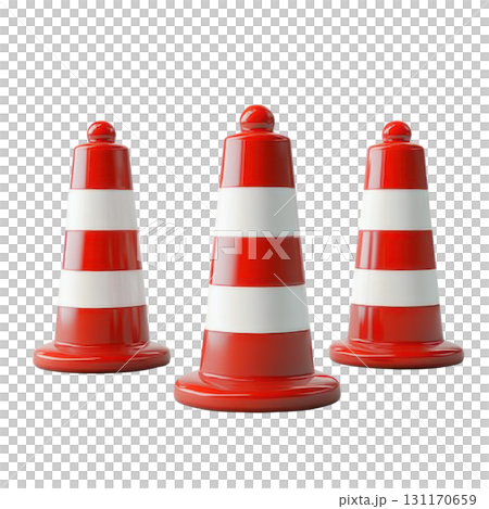 Bright red and white traffic cones arranged in a row for road safety measures during daylight hours 131170659