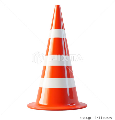 Traffic cone with bright orange and white stripes isolated on a white background for safety applications 131170689