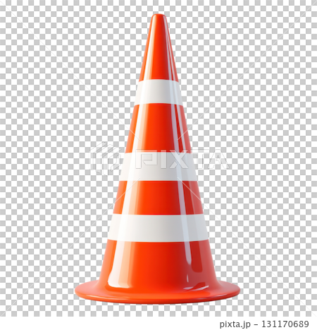 Traffic cone with bright orange and white stripes isolated on a white background for safety applications 131170689