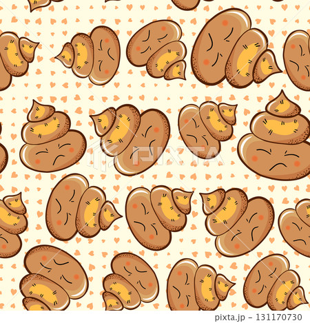 Seamless pattern with kawaii poop on color background. Cartoon poo, feces icons. Shit patterns, evil turd. Vector illustration for invitation, poster, card, fabric, textile. Doodle style 131170730