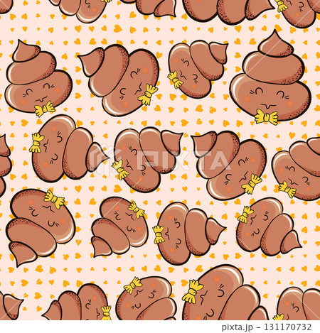 Seamless pattern with kawaii poop on color background. Cartoon poo, feces icons. Shit patterns, evil turd. Vector illustration for invitation, poster, card, fabric, textile. Doodle style 131170732