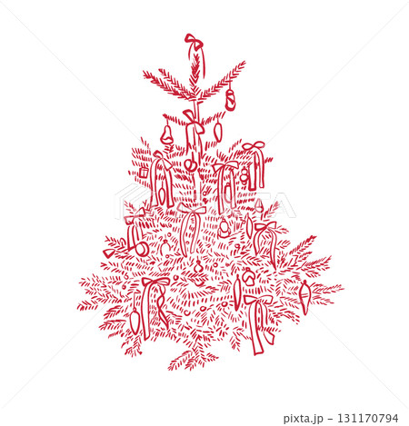 Hand drawn holiday Christmas tree in engraving linear sketch style. Festive mood, elegant vintage style. Vector coquette illustration. Hand drawn holiday Christmas tree in engraving linear sketch style. Festive mood, elegant vintage style. Vector coquette illustration. 131170794