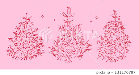 Set of Contour hand drawn Christmas trees decorated with ribbons, bows and baubles on light pink background. Decorative holiday vector design. 131170797