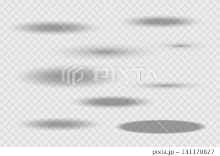 Different realistic round shadow, soft shapes on transparent background. Gray circular and ellipse shadows set. Vector illustration 131170827