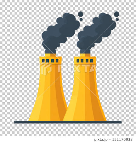 Power plant with cooling towers emitting smoke against a white background Power plant with cooling towers emitting smoke against a white background 131170938