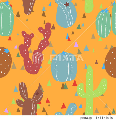 Seamless pattern with cactus with thorns, succulent on color background. Vector drawing illustration for icon, game, packaging, fabric, textile. Wild west, western, cowboy concept 131171010