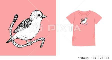T-shirt with bird pattern. Women jersey, sport uniform kit, short fashion top, round neck blouse. Sketch Illustration. Template mock up 131171053