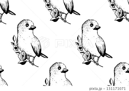 Seamless pattern with funny birds, flowers, leaves. Flat vector illustration with cartoon bird silhouette. Cute characters. Design for invitation, poster, card, textile, fabric 131171071