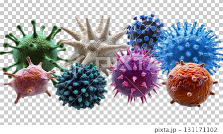 Colorful and varied representations of viruses and bacteria isolated on a white background 131171102