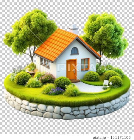 Charming house with orange accents surrounded by lush greenery and stone wall in a tranquil setting 131171106