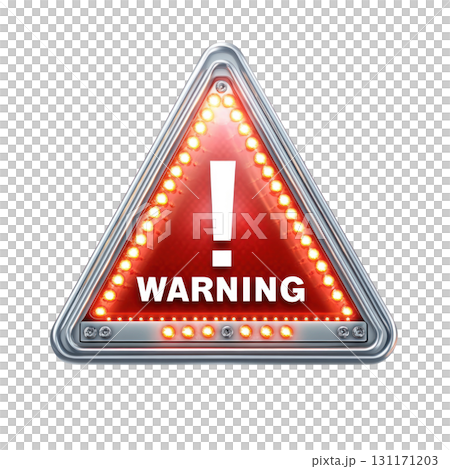 Bright warning sign with illuminated border and red background indicating potential hazards 131171203
