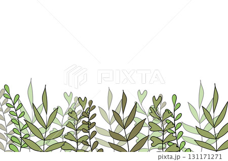 Floral frame with colorful exotic branches on white background. Ornate border with tropic leaves. Vector stock illustration for wallpaper, posters, card. Doodle style. Copy space. 131171271