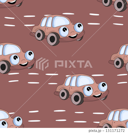 Seamless pattern with cute car on color background. Cartoot transport. Vector illustration. Doodle style. Design for baby print, invitation, poster, card, fabric, textile 131171272
