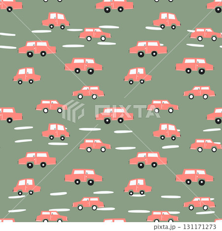 Seamless pattern with cute car on color background. Cartoot transport. Vector illustration. Doodle style. Design for baby print, invitation, poster, card, fabric, textile 131171273