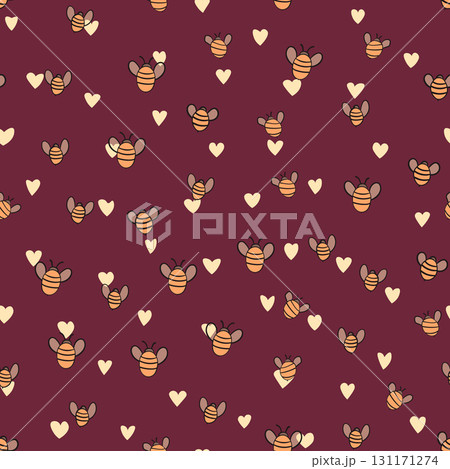 Seamless pattern with bees on color background. Small wasp. Vector illustration. Adorable cartoon character. Template design for invitation, cards, textile, fabric. Doodle style Seamless pattern with bees on color background. Small wasp. Vector illustration. Adorable cartoon character. Template design for invitation, cards, textile, fabric. Doodle style 131171274