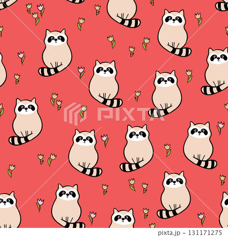 Vector seamless repeating childish pattern with cute raccoon in doodle style. Animals background for invitation, poster, card, flyer, textile, fabric Vector seamless repeating childish pattern with cute raccoon in doodle style. Animals background for invitation, poster, card, flyer, textile, fabric 131171275