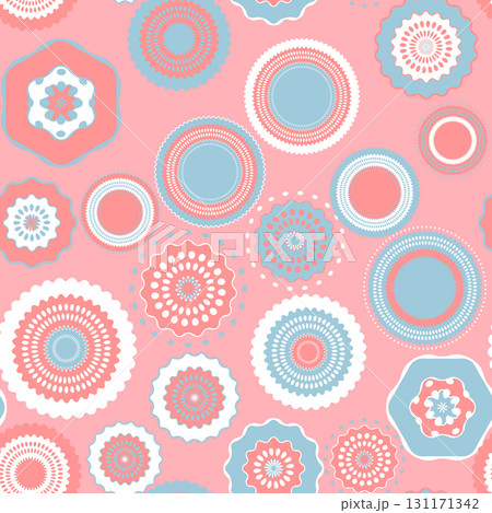 Seamless pattern with geometric aboriginal ornament. Ethnic tribal rounded color background. Afican, australian motiph. Dots painting. Vector illustration, template design for cloth, card, fabric 131171342