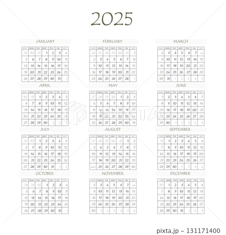 2025 calendar planner. Corporate week. Template layout, 12 months yearly, white background. Simple design for business brochure, flyer, print media, advertisement. Week starts from Monday 2025 calendar planner. Corporate week. Template layout, 12 months yearly, white background. Simple design for business brochure, flyer, print media, advertisement. Week starts from Monday 131171400