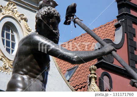 bronze statue of Tryton fountain in Gdansk Poland pigeon on the trident bronze statue of Tryton fountain in Gdansk Poland pigeon on the trident 131171760