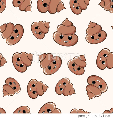 Seamless pattern with kawaii poop on white background. Cartoon poo, feces icons. Shit patterns, evil turd. Vector illustration for invitation, poster, card, fabric, textile. Doodle style 131171796