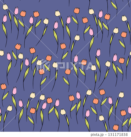 Spring colorful vector illustration with tulips. Cartoon style. Simple minimalistic pattern with nature elements. Vector illustration for fabric, textile, poster, invitation 131171838