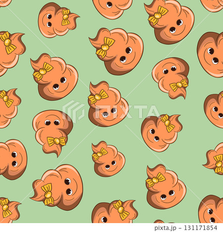 Seamless pattern with kawaii poop on white background. Cartoon poo, feces icons. Shit patterns, evil turd. Vector illustration for invitation, poster, card, fabric, textile. Doodle style 131171854
