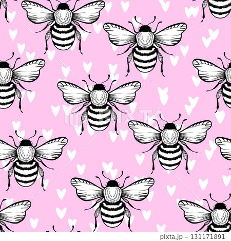 Seamless pattern with bees on color background. Small wasp. Vector illustration. Adorable cartoon character. Template design for invitation, cards, textile, fabric. Doodle style 131171891