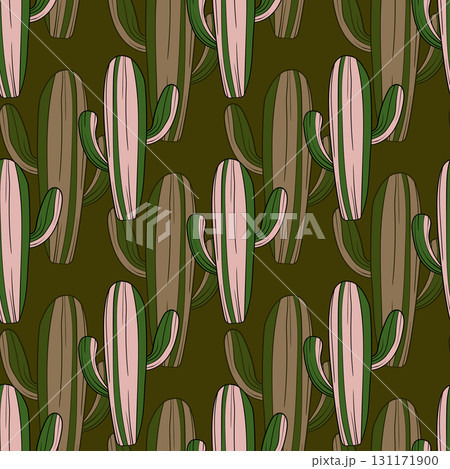Seamless pattern with cacti, blooming succulent on color background. Vector hand drawn illustration for packaging, fabric, textile. Wild west cactus, western concept Seamless pattern with cacti, blooming succulent on color background. Vector hand drawn illustration for packaging, fabric, textile. Wild west cactus, western concept 131171900