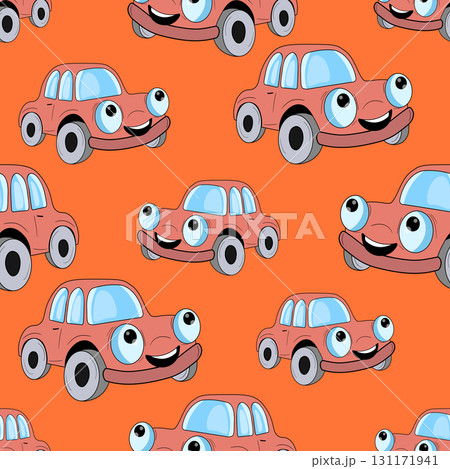 Seamless pattern with cute car on color background. Cartoot transport. Vector illustration. Doodle style. Design for baby print, invitation, poster, card, fabric, textile 131171941