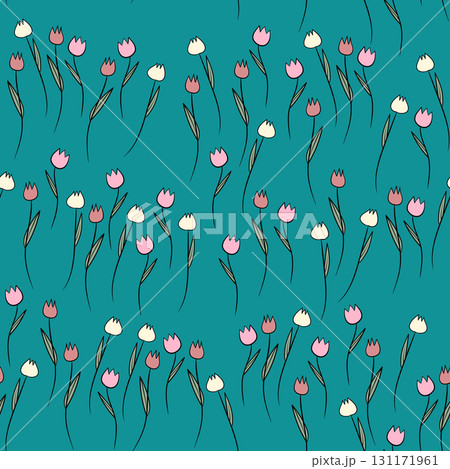 Spring colorful vector illustration with tulips. Cartoon style. Simple minimalistic pattern with nature elements. Vector illustration for fabric, textile, poster, invitation Spring colorful vector illustration with tulips. Cartoon style. Simple minimalistic pattern with nature elements. Vector illustration for fabric, textile, poster, invitation 131171961