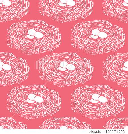Spring seamless pattern with Bird nest with eggs. Easter hand drawn vector illustration, holiday design. 131171963