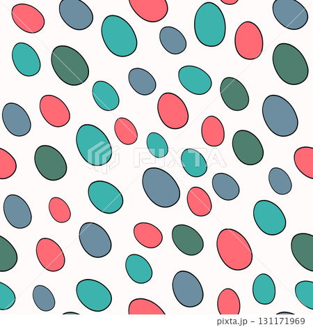 Happy Easter seamless pattern with eggs on color background. Polka dots design for card, postcard, wallpaper, posters. Vector stock illustration. Cartoon style Happy Easter seamless pattern with eggs on color background. Polka dots design for card, postcard, wallpaper, posters. Vector stock illustration. Cartoon style 131171969