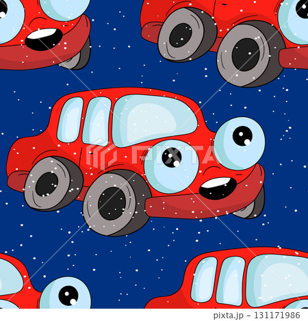 Seamless pattern with cute car on color background. Cartoot transport. Vector illustration. Doodle style. Design for baby print, invitation, poster, card, fabric, textile 131171986