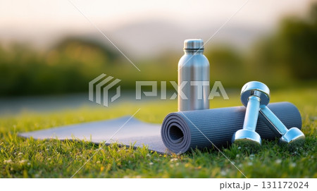 Scenic outdoor shot of yoga mat on green grass, with dumbbells, water bottle, and running shoes, soft morning light, concept of exercise for brain health 131172024