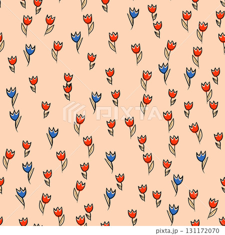 Spring colorful vector illustration with tulips. Cartoon style. Simple minimalistic pattern with nature elements. Vector illustration for fabric, textile, poster, invitation Spring colorful vector illustration with tulips. Cartoon style. Simple minimalistic pattern with nature elements. Vector illustration for fabric, textile, poster, invitation 131172070