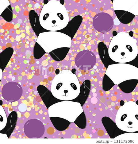 Seamless pattern with cute panda baby on color background. Funny asian animals. Card, postcards for kids. Flat vector illustration for fabric, textile, wallpaper, poster, gift wrapping paper 131172090
