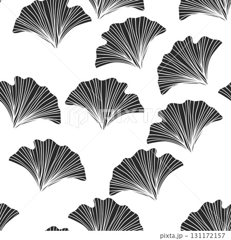 Seamless floral pattern with ginkgo biloba leaves. Art flowers on color background. Decorative sceleton leaf. Vector hand drawn illustration. Minimal linear style. 131172157