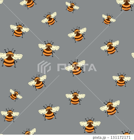 Seamless pattern with bees on floral background. Small wasp. Vector illustration. Adorable cartoon character. Template design for invitation, cards, textile, fabric. Doodle style 131172171