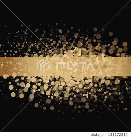 Stars golden glitter confetti isolated on blurred abstract background. Festive polka dots holiday background. Celebration concept. Falling magic gold particles. Invitation mock up. Top view, flat lay 131172215