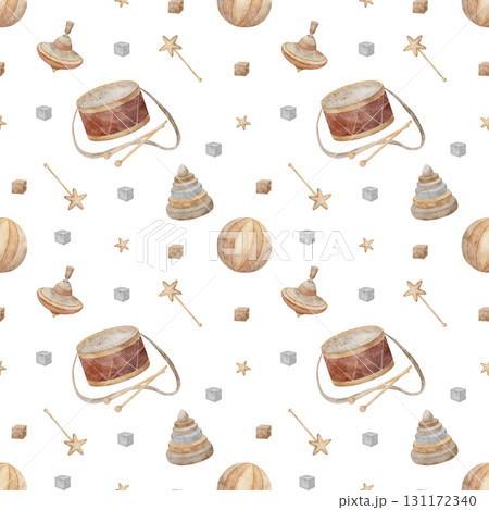 Pattern retro wooden toys drum, ball spinning top pyramid. Hand-drawn watercolor illustration in childish vintage style. Seamless print isolated from background for textiles fabrics clothing wallpaper 131172340