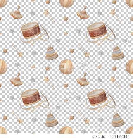 Pattern retro wooden toys drum, ball spinning top pyramid. Hand-drawn watercolor illustration in childish vintage style. Seamless print isolated from background for textiles fabrics clothing wallpaper 131172340