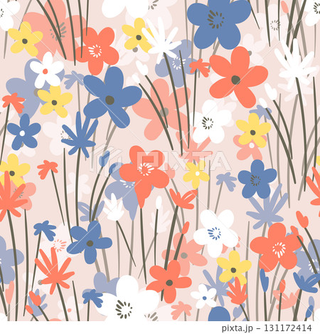 Seamless floral pattern based on traditional folk art ornaments. Colorful flowers on color background. Scandinavian style. Sweden nordic style. Vector illustration. Simple minimalistic pattern Seamless floral pattern based on traditional folk art ornaments. Colorful flowers on color background. Scandinavian style. Sweden nordic style. Vector illustration. Simple minimalistic pattern 131172414