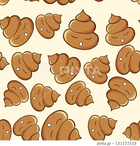 Seamless pattern with kawaii poop on white background. Cartoon poo, feces icons. Shit patterns, evil turd. Vector illustration for invitation, poster, card, fabric, textile. Doodle style 131172518